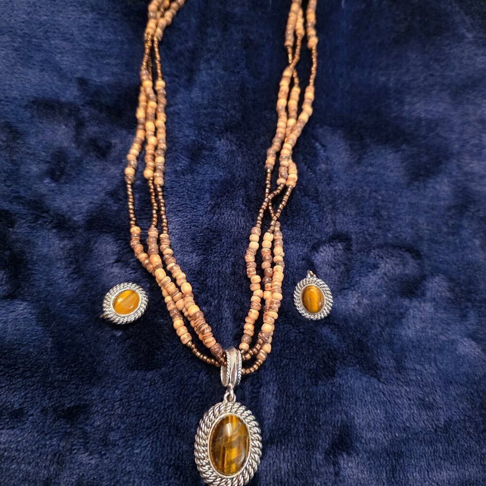 Vintage Avon Tiger's Eye Natural Beads Pendant & Earring Set - Picture 2 of 6